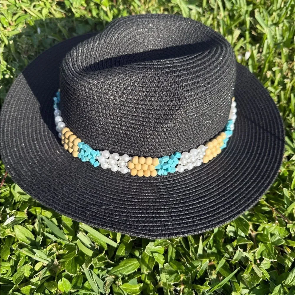 Black Hat BRAND NEW Hand Beaded Trim Band - Blue and Tan Beads